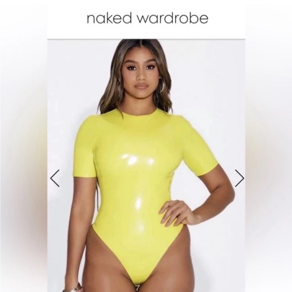 NAKED WARDROBE NEON YELLOW PATENT LEATHER VINYL CREW BODYSUIT WOMENS SZ SMALL